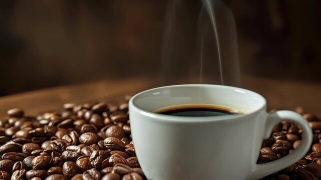 Steaming Coffee Cup with Roasted Coffee Beans on Wooden Table Beverage Scene