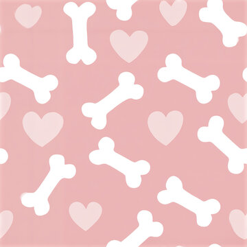 Minimalist bone and heart seamless pattern with white bones and soft pink hearts pastel pink background, playful and cute