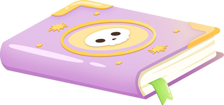Cute magical spell book with purple cover and skull illustration, cartoon style icon