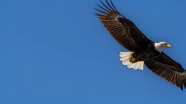 Bald Eagle Flying Against Blue Sky With Broad Wings Spread in Powerful Flight