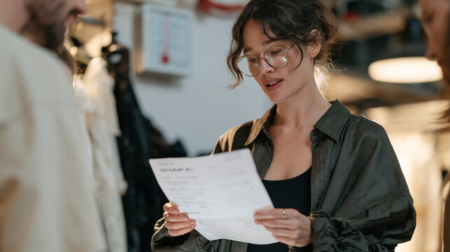 Theatrical wardrobe mistress inspecting a restaurant bill closely in an empty desolate costume storage hall, a temperature gauge mounted on the wall behind her, family of wardrobe