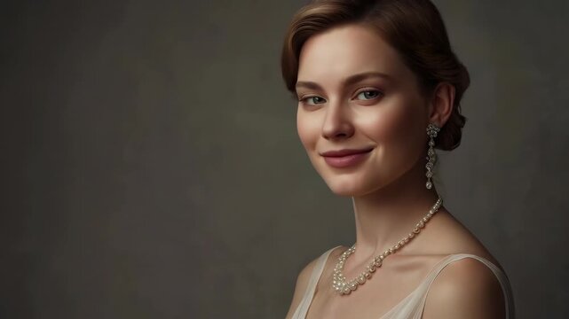 Elegant brunette woman portrait wearing pearl jewelry, necklace and earring against dark background