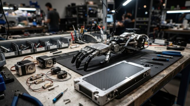 Humanoid robot components including articulated hand parts, joint actuators, force sensors, and carbon fiber panels on a workbench