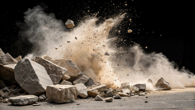 A large rock is surrounded by a cloud of dust and debris. Concept of destruction and chaos