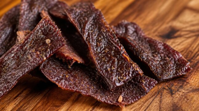Hand-cut venison jerky with a peppery glaze glistening - high-fidelity v2