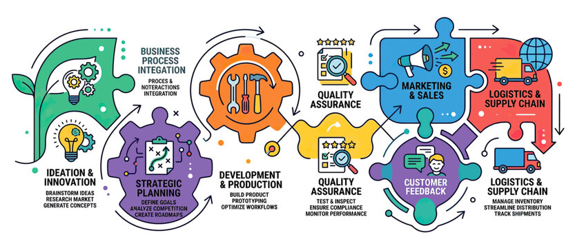Business process cycle with icons and text