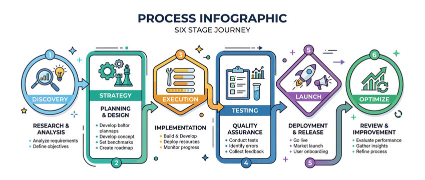 Six Stage Process Infographic with Icons and Steps