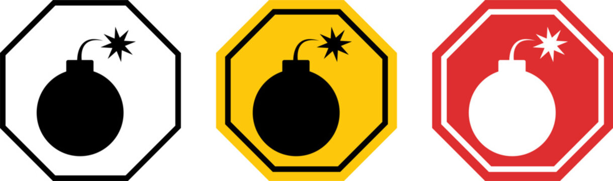 Bomb Warning Icons Explosive Hazard Symbol in Black Yellow and Red Octagon Vector Set
