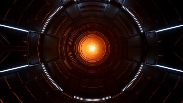 Glowing energy core inside futuristic circular reactor chamber with dark metal rings