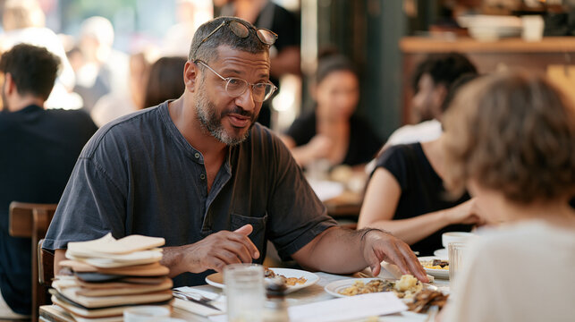 Crowd scene at a busy cobbling district restaurant, a man with glasses pushed up on his forehead balancing a precarious stack of sample shoes beside his table while eating lunch