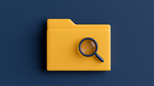 3D render of a yellow folder with a magnifying glass on a dark blue background, concept of file search, data audit, and archive review