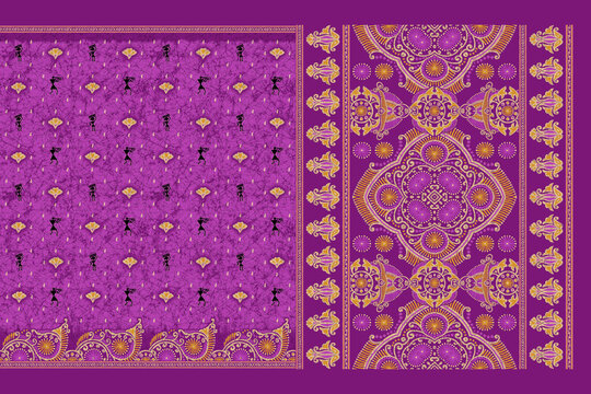 Traditional Indian Saree Layout with Ethnic Decorative Patterns and Ornate Galo Pallav Border Textile Print