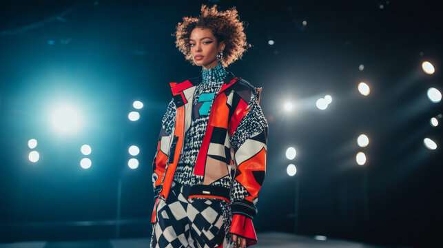 Bold Geometric Fashion on Runway Under Spotlight
