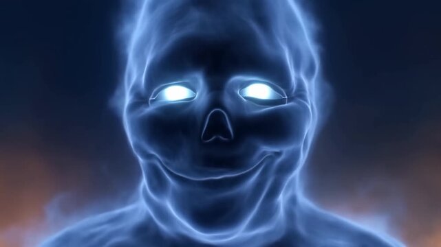 Glowing skull face staring forward against a dark blue supernatural background