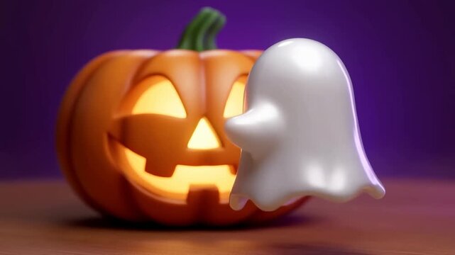 Jackolantern and white ghost decoration displayed on tabletop against purple background