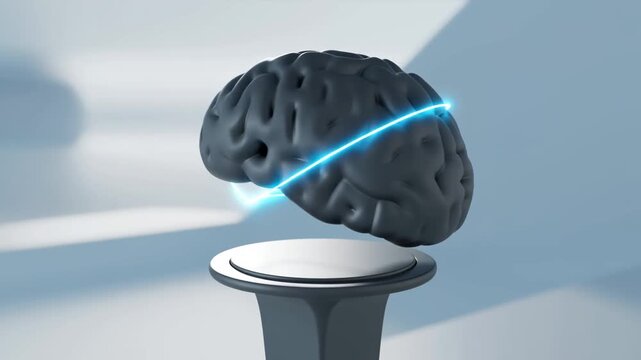Brain suspended above futuristic pedestal with blue glowing light in abstract setting
