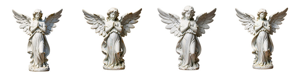 Naklejka premium Four angel statues stand gracefully with wings spread against a black background