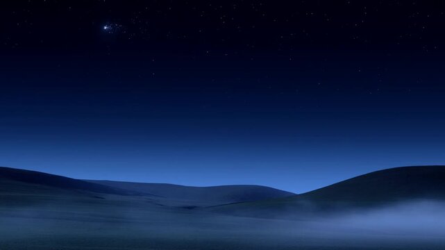 Starry night sky over rolling hills and misty landscape in deep blue darkness