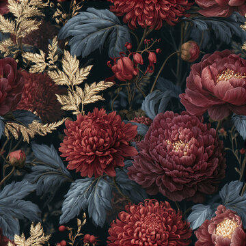 Moody maximalist seamless pattern featuring layered magenta flowers with blue leaves and golden foliage creating rich floral