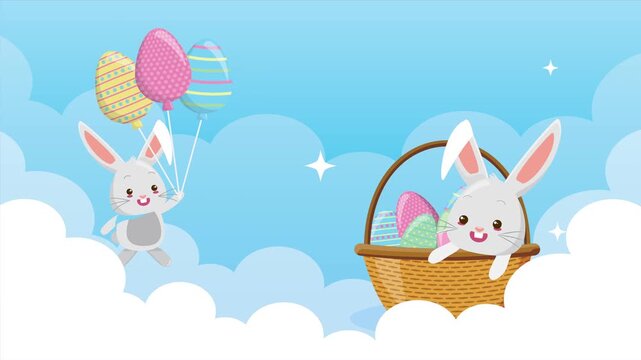 Animated happy easter bunnies flying with balloons and sitting in basket on cloudy sky background.