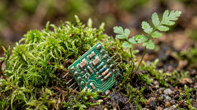 Small electronic circuit board resting in green moss beside a tiny growing plant sprout.