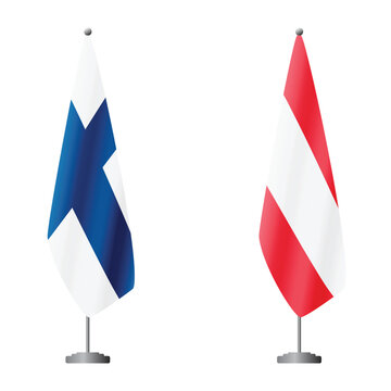 Finland and Austria flags on flagpoles for official ceremonies and meetings, transparent background vector