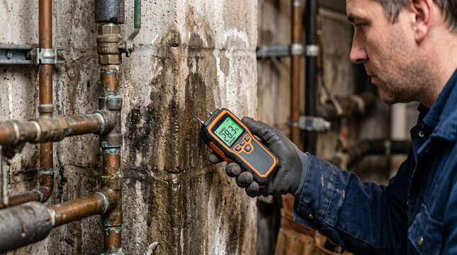 Plumber using moisture meter to inspect damp wall and leaking pipes in basement