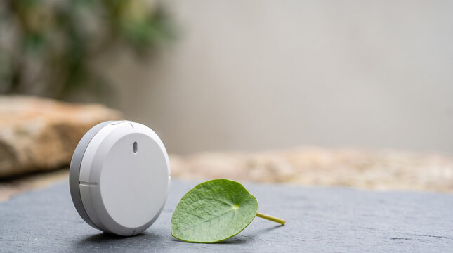 Wireless smart home sensor device on stone surface with green leaf for eco technology concept