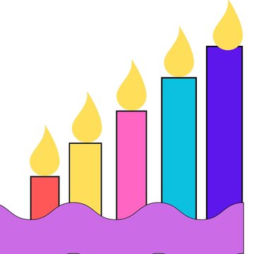 Vector illustration of five colorful burning candles of increasing heights set against a wavy purple base. Perfect for birthday cards, celebration graphics, festive banners, and decorative event mater