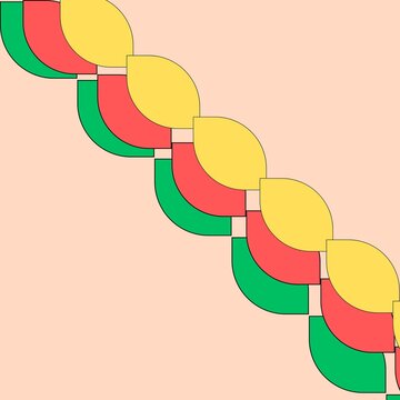 Abstract geometric chain pattern composed of repeating yellow, red, and green leaf-like shapes arranged diagonally across a soft peach background. Ideal for modern textile prints, decorative borders