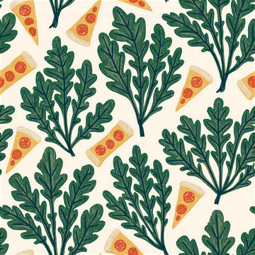 Seamless arugula pizza pattern with greens and pizza slices in a repeat design