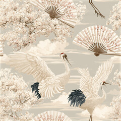 Naklejka premium Pastel Asian seamless pattern with graceful crane silhouettes, cherry blossom branches, and traditional folding fans creating