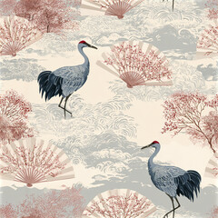 Fototapeta premium Pastel Asian seamless pattern with graceful crane silhouettes and cherry blossom fans creating serene and elegant design