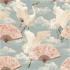 Naklejka premium Pastel seamless pattern with graceful crane silhouettes and decorative fans under soft cloudy sky, elegant and serene design