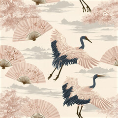 Naklejka premium Pastel crane pattern with elegant flying birds and cherry blossom fans creating serene and graceful Asian style design