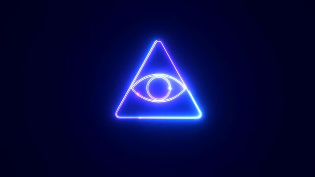Neon allseeing eye symbol glowing inside triangle on dark blue background