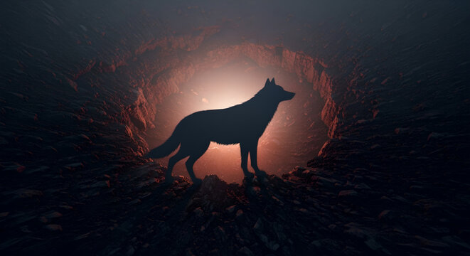 Striking silhouette of a lone wolf standing resolute before an ominous, glowing cavern entrance, creating a powerful and mysterious scene of untamed wilderness and ancient secrets