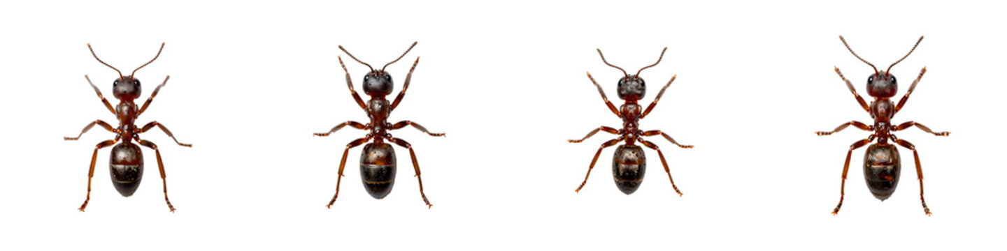 Four european red wood ants on a black backdrop creating a pattern