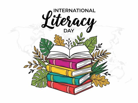 International Literacy Day Graphic With Colorful Stacked Books And Leaves