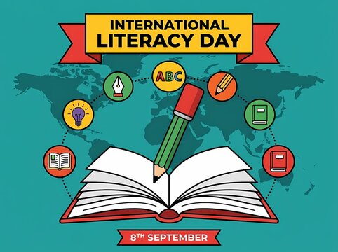 International Literacy Day Graphic Featuring Open Book Pencil and Global Icons