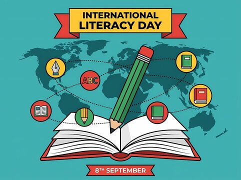 International Literacy Day Poster With World Map Pencil And Open Book