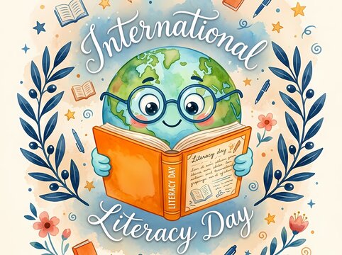 International Literacy Day Illustration Featuring Cute Earth Character Reading Book