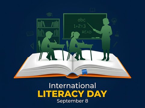 International Literacy Day Graphic With Classroom Silhouette On Open Book