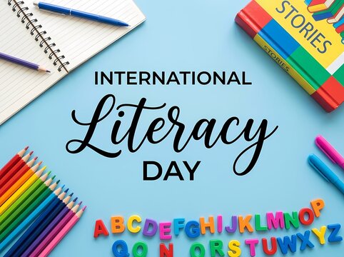 International Literacy Day Flat Lay With Pencils Notebook and Alphabet