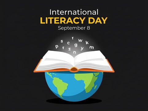International Literacy Day Graphic With Open Book On Planet Earth