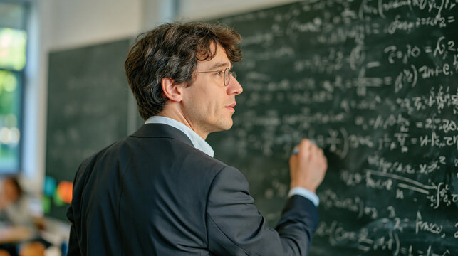 Rear view of a young male student wearing a suit while solving a quadratic equation on a traditional blackboard, detailed mathematical symbols and formulas spread across the entire surface, spacious