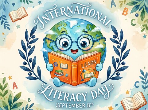 International Literacy Day Illustration Featuring Cute Earth Character Reading Book