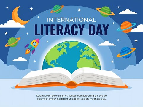 International Literacy Day Banner With Open Book And Space Background