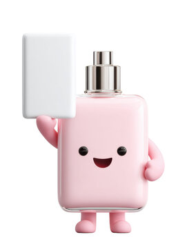 Cute pink perfume bottle character holding blank sign with chrome sprayer 3D render isolated