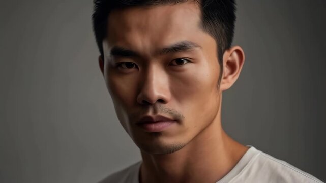 Asian Man Male Portrait with Serious Expression, Studio Lighting, Gray Background and Dark